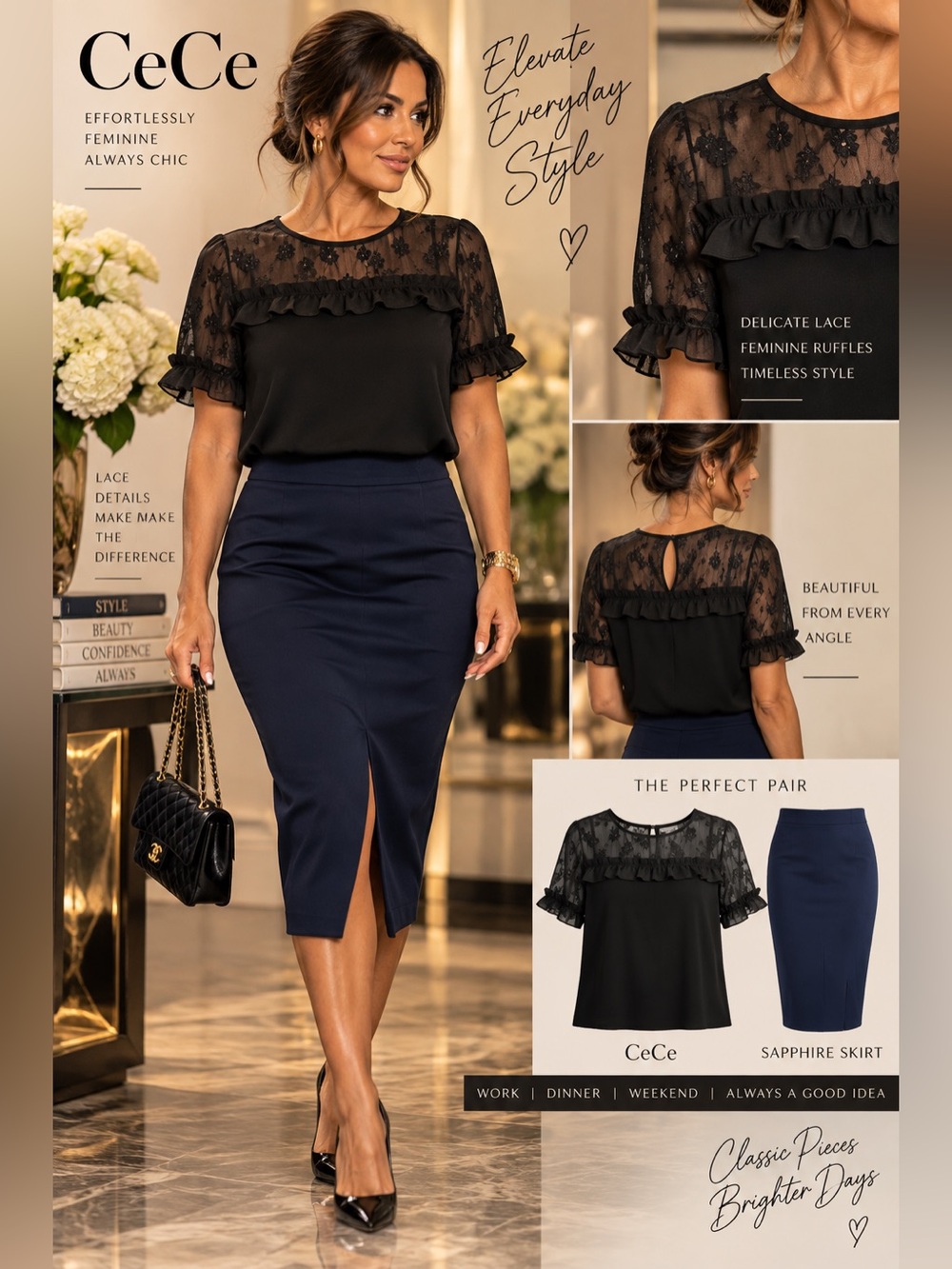 2046  / 2020 CeCe Black Lace Accent Feminine Top